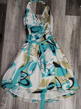 Connection 18 Teal, Black & Olive Geometric Halter Midi Dress